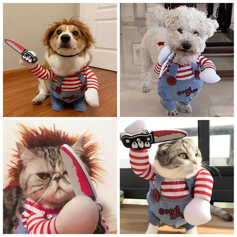 Chucky-Inspired Halloween Dog Costume with Wig and Knife Accessory for Small, Medium, and Large Dogs and Cats
