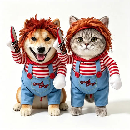 Chucky-Inspired Halloween Dog Costume with Wig and Knife Accessory for Small, Medium, and Large Dogs and Cats