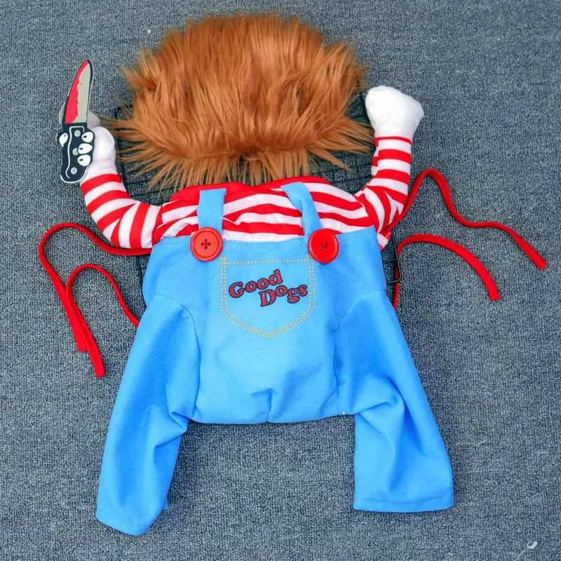 Chucky-Inspired Halloween Dog Costume with Wig and Knife Accessory for Small, Medium, and Large Dogs and Cats