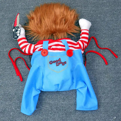 Chucky-Inspired Halloween Dog Costume with Wig and Knife Accessory for Small, Medium, and Large Dogs and Cats