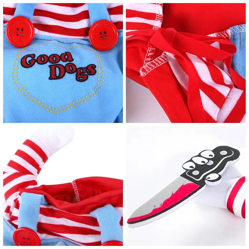 Chucky-Inspired Halloween Dog Costume with Wig and Knife Accessory for Small, Medium, and Large Dogs and Cats