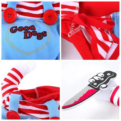 Chucky-Inspired Halloween Dog Costume with Wig and Knife Accessory for Small, Medium, and Large Dogs and Cats