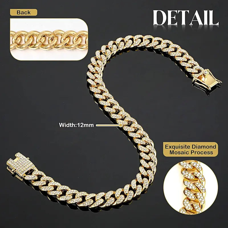 Cuban Style Dog Collar - 14-Inch Fantasy Zinc Alloy Mosaic Chain with Zirconia Accents, Lightweight Design, Secure Buckle, Ideal Neck Accessory for Small to Medium-Large Dogs, Perfect for Birthdays and Christmas