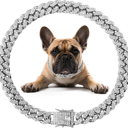 Cuban Style Dog Collar - 14-Inch Fantasy Zinc Alloy Mosaic Chain with Zirconia Accents, Lightweight Design, Secure Buckle, Ideal Neck Accessory for Small to Medium-Large Dogs, Perfect for Birthdays and Christmas