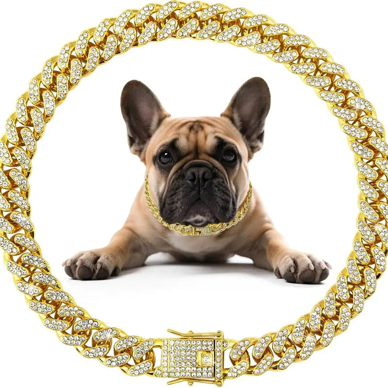 Cuban Style Dog Collar - 14-Inch Fantasy Zinc Alloy Mosaic Chain with Zirconia Accents, Lightweight Design, Secure Buckle, Ideal Neck Accessory for Small to Medium-Large Dogs, Perfect for Birthdays and Christmas