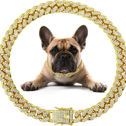 Cuban Style Dog Collar - 14-Inch Fantasy Zinc Alloy Mosaic Chain with Zirconia Accents, Lightweight Design, Secure Buckle, Ideal Neck Accessory for Small to Medium-Large Dogs, Perfect for Birthdays and Christmas