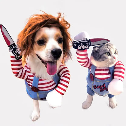 Chucky-Inspired Halloween Dog Costume with Wig and Knife Accessory for Small, Medium, and Large Dogs and Cats