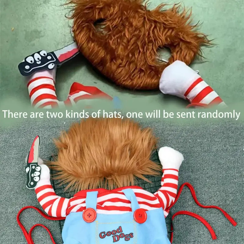 Chucky-Inspired Halloween Dog Costume with Wig and Knife Accessory for Small, Medium, and Large Dogs and Cats