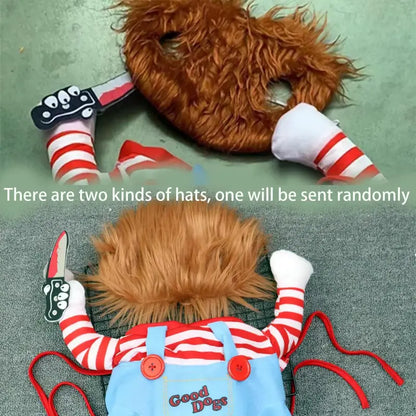 Chucky-Inspired Halloween Dog Costume with Wig and Knife Accessory for Small, Medium, and Large Dogs and Cats