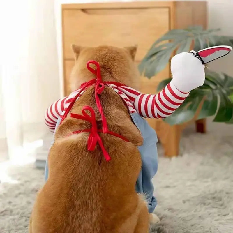 Chucky-Inspired Halloween Dog Costume with Wig and Knife Accessory for Small, Medium, and Large Dogs and Cats