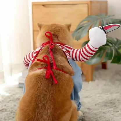 Chucky-Inspired Halloween Dog Costume with Wig and Knife Accessory for Small, Medium, and Large Dogs and Cats