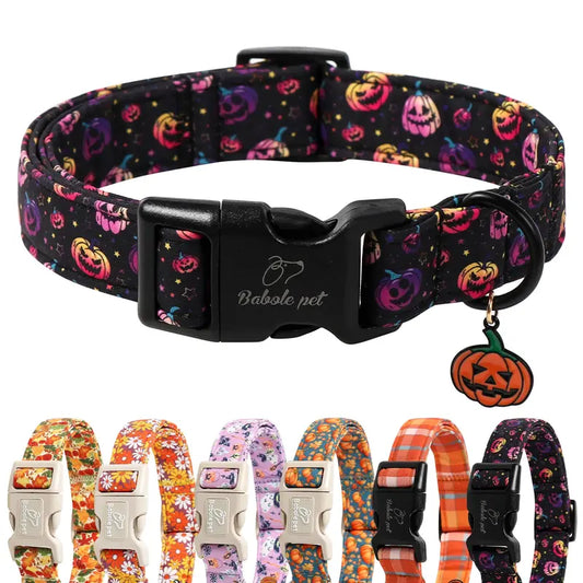 Halloween-Themed Dog Collar - Lightweight Cotton, Adjustable Fit, Leash-Secure with Pumpkin Face Charm, Available in X-Small to Large Sizes