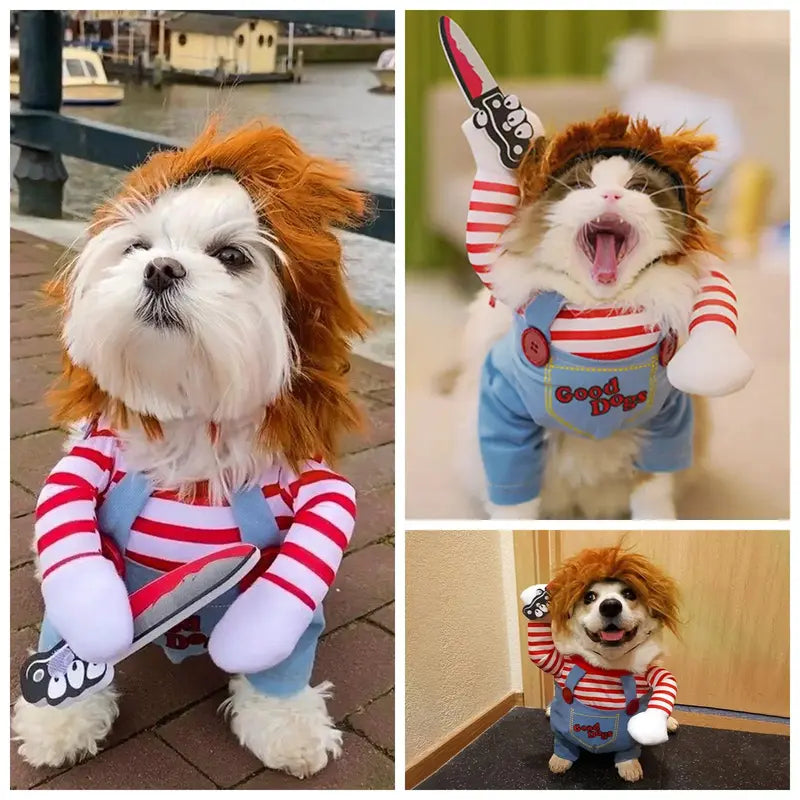 Chucky-Inspired Halloween Dog Costume with Wig and Knife Accessory for Small, Medium, and Large Dogs and Cats